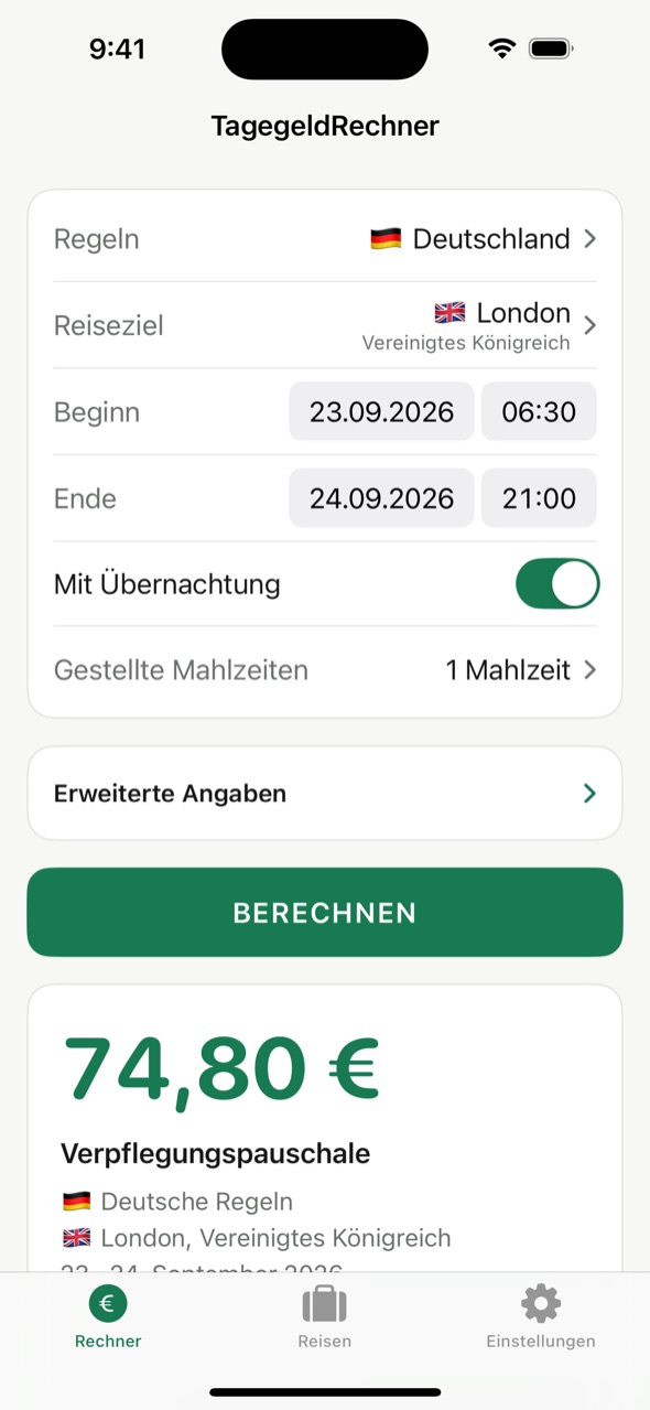 TagegeldRechner: Reise von Deutschland nach London, Ergebnis 74,80 € Verpflegungspauschale