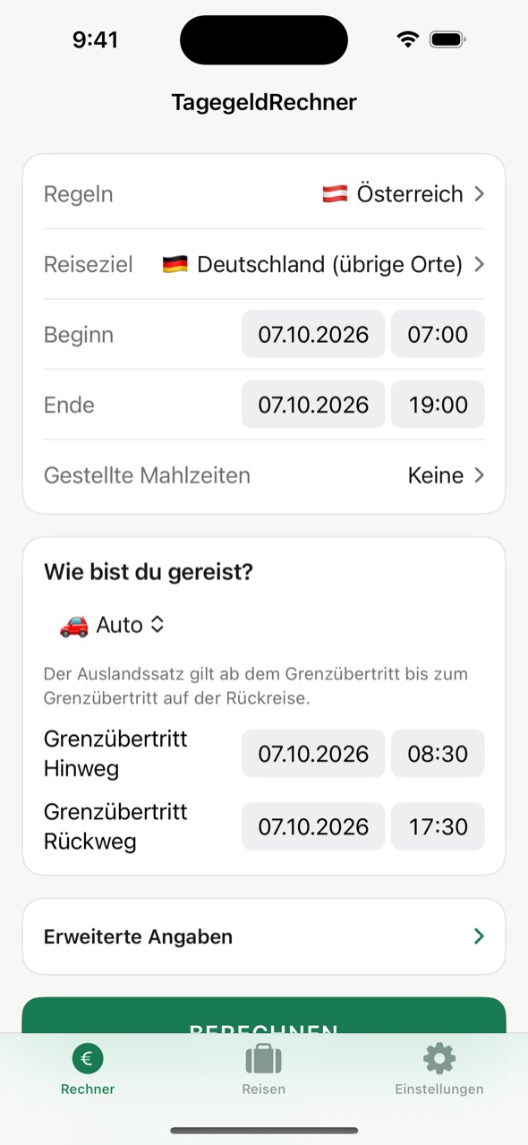 Österreichische Regeln mit Grenzübertritt