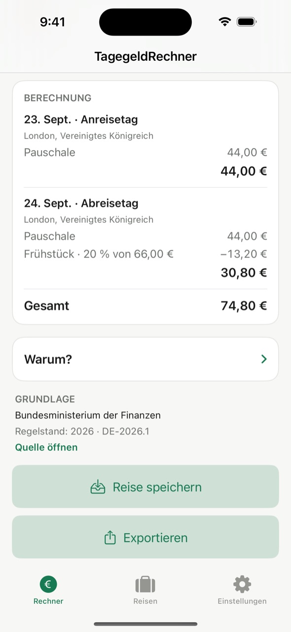 Tagesaufstellung mit Kürzung für Frühstück